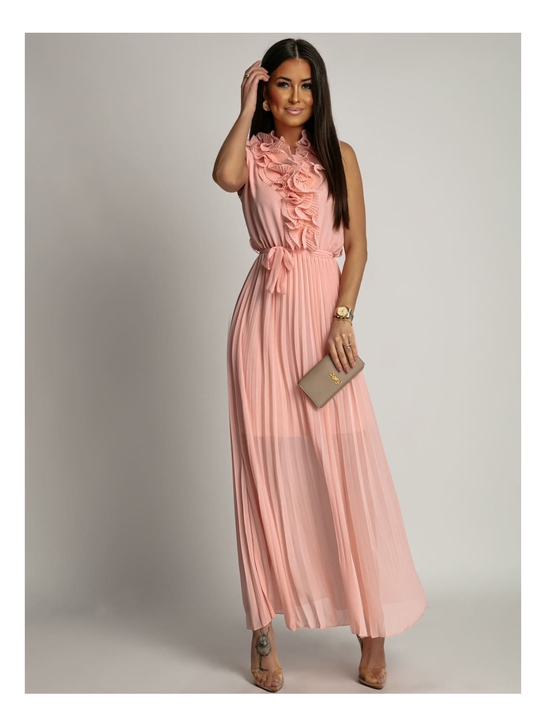 Pleated maxi dress with ruffle, light pink 18968